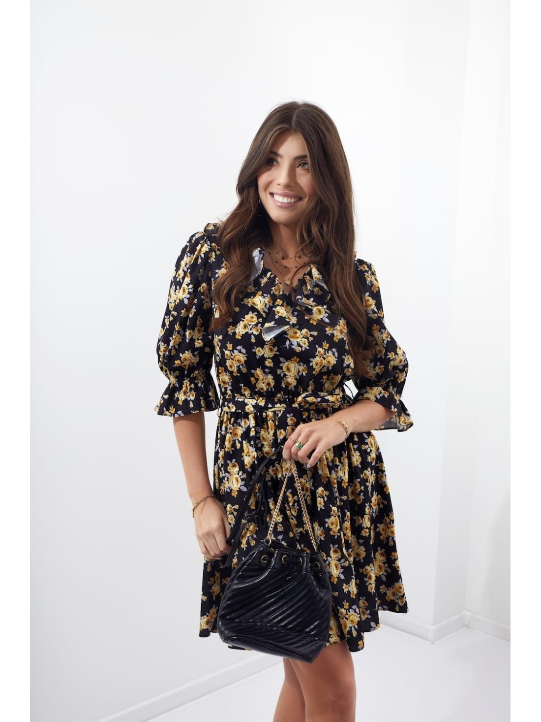 Floral dress with a ruffle at the neckline, black 30360 - Online store - Boutique